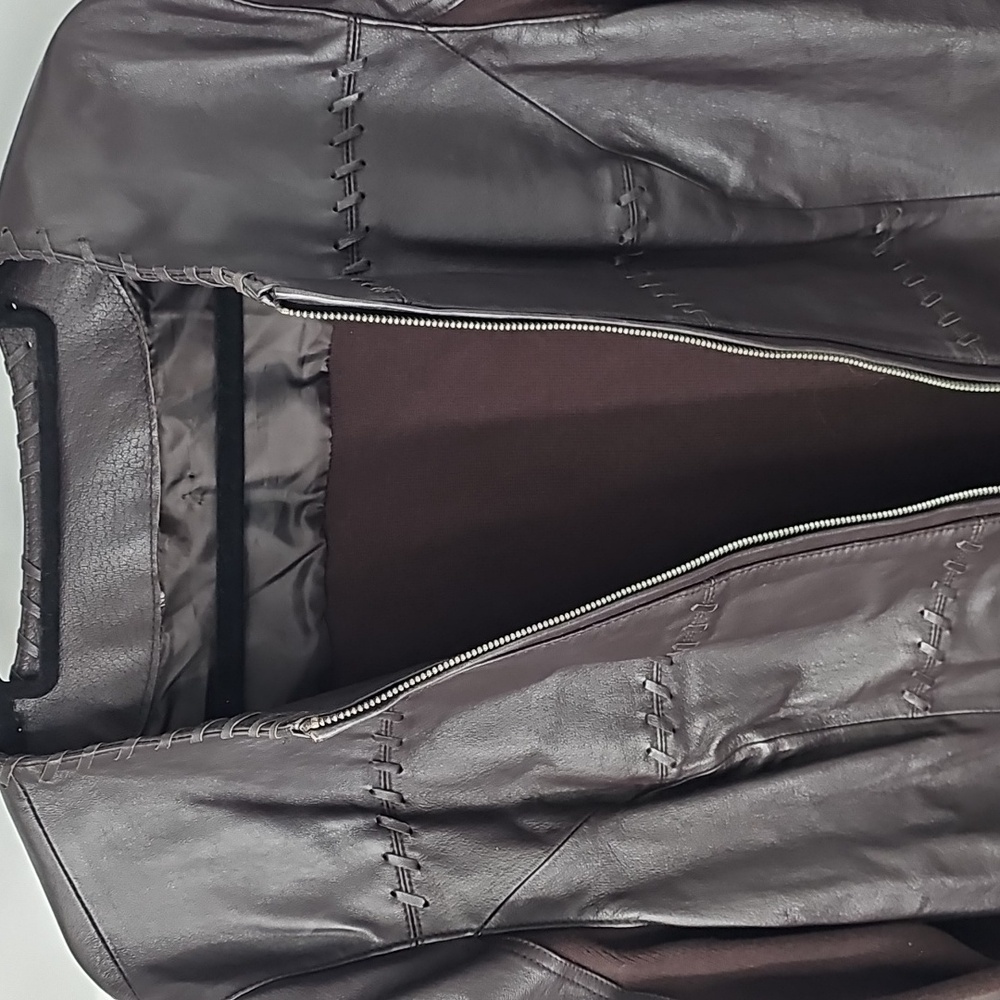 Rich Brown Front Leather Back Sweater Jacket wStitch Design Cozy Office Polished - Picture 8 of 12
